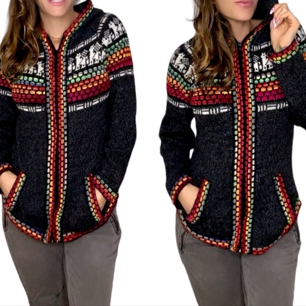 Peruvian Alpaca Wool Green Llama Patterned Full Zip Hooded Sweater M